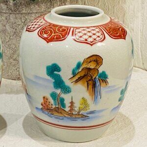 O9-Vintage Hand Painted Chinoiserie Pagoda Bonsai Tree Vase